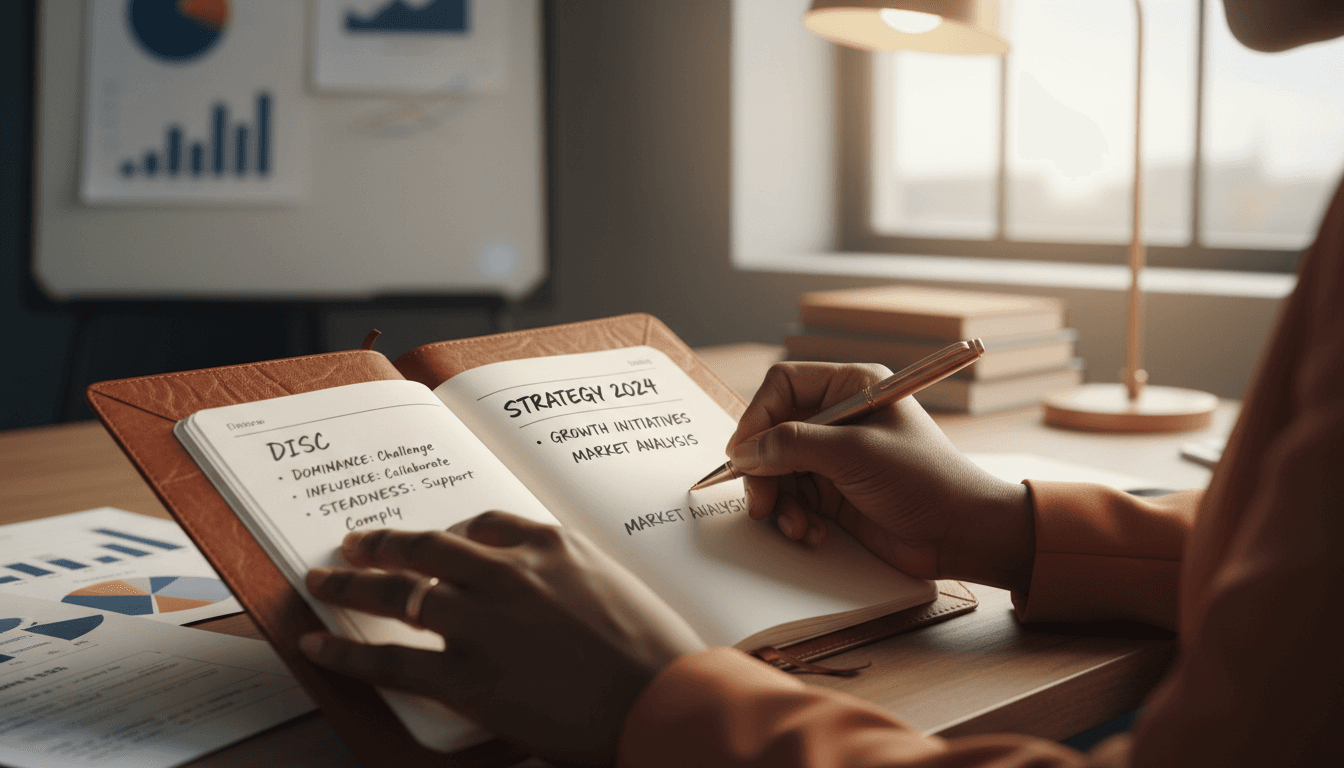 Executiva anotando estratégia em notebook