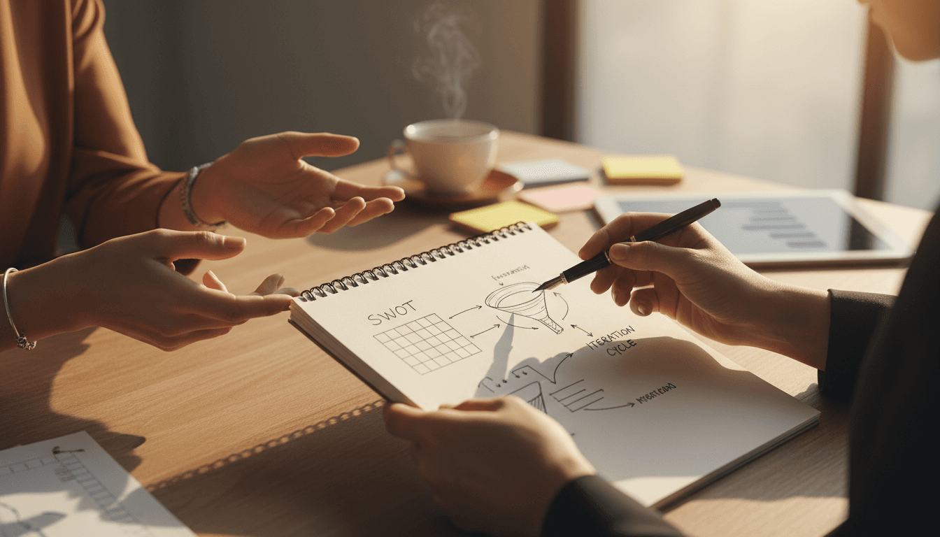Detalhe de planejamento estratégico e mentoria em ação