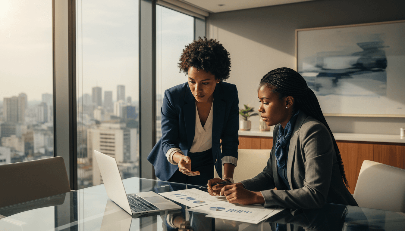 Duas líderes executivas em discussão estratégica em sala de reunião moderna com vista para São Paulo