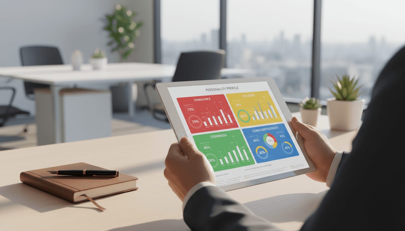 Análise DISC em tablet mostrando perfis comportamentais
