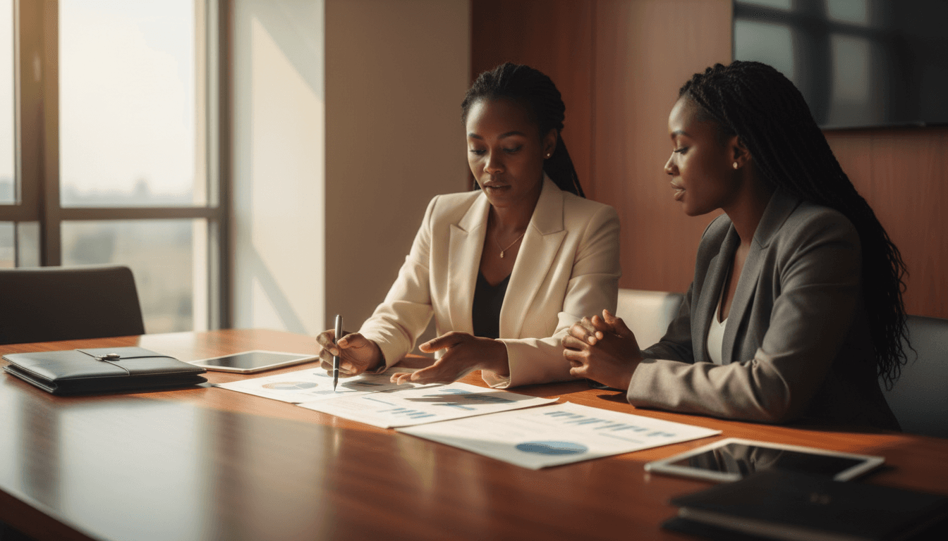 Duas líderes Black em discussão estratégica em sala de reuniões moderna em São Paulo