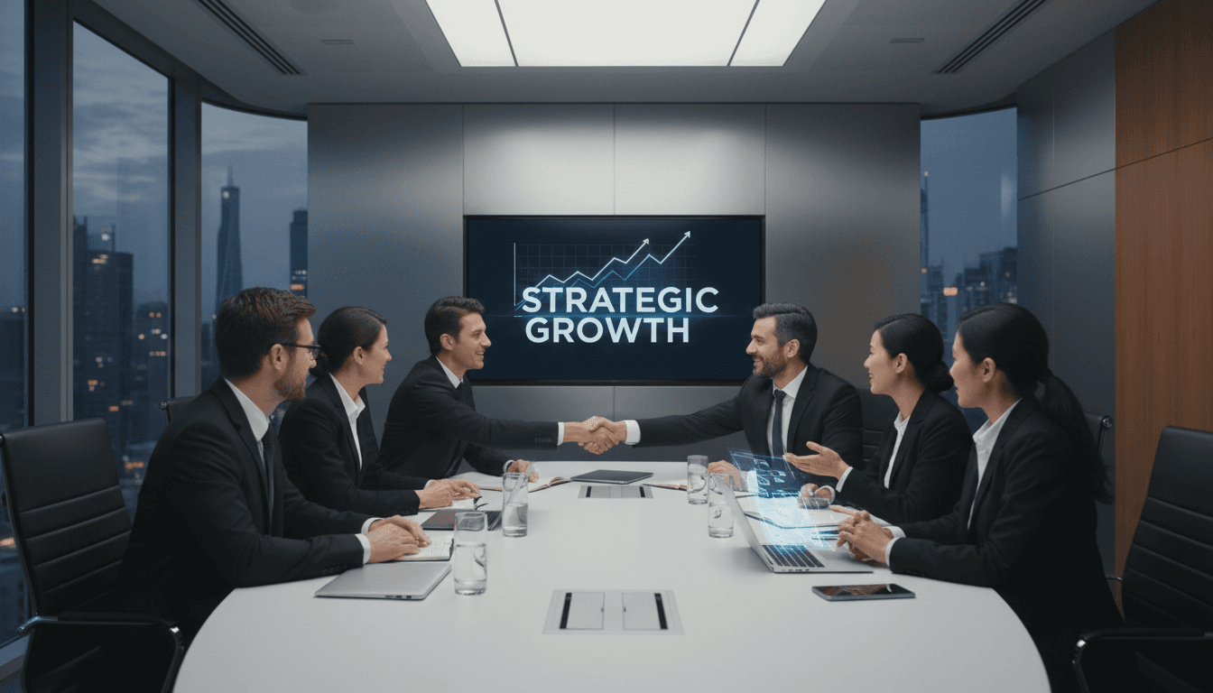 Dois profissionais em ambiente corporativo moderno discutindo estratégia empresarial