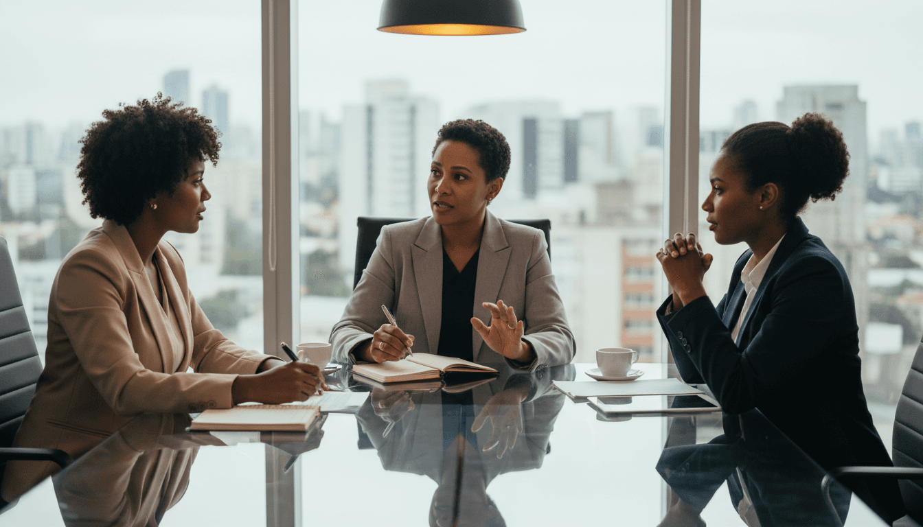 Líderes C-suite negros e mulheres em discussão estratégica em São Paulo